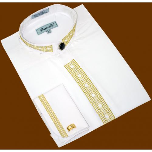 Fratello White/Gold Lurex Embroidered Banded Collar Shirt With French Cuffs DS3071C